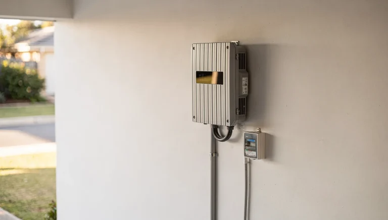 Wall-mounted solar inverter with conduit and a small isolator switch on a garage wall